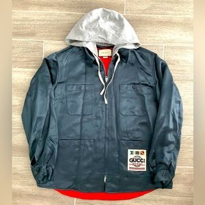 AUTHENTIC GUCCI DETACHABLE HOOD ACETATE GRAY JACKET GG SZ 54 XL 604112